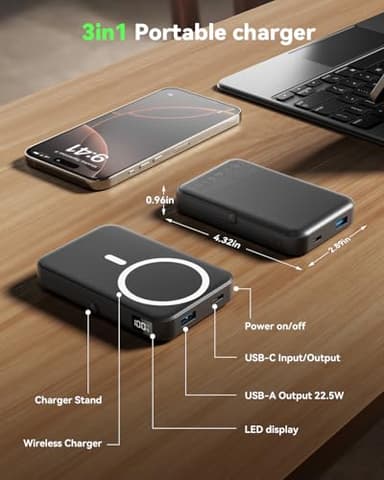 LENUTO for Magsafe Battery Pack 10000mAh Power Bank with Foldable Stand Portable Charger,PD 22.5W Fast Charge,Travel Essential Wireless Charger for iPhone 17/16/15/14/13/12 Series–Black - Image 7
