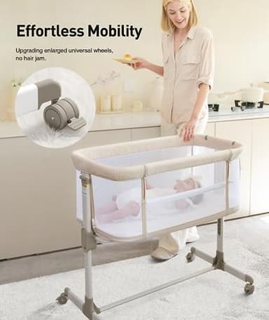Fodoss Baby Bassinets Bedside Sleeper - All Mesh Bedside Bassinet with Wheels, 7 Height Adjustable Baby Bassinet for Infants, Beige - Image 7