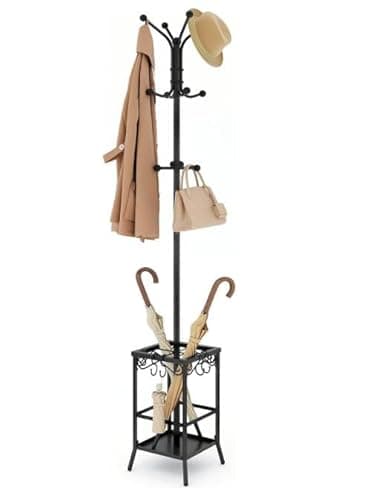 Hoctieon Coat Rack Freestanding, Coat Tree with Umbrella Holder, Metal Coat Rack Stand with 12 Hooks, Standing Coat Hanger Stand, Umbrella Stand for Entryway, Hat Rack Stand for Home Office, Black - Image 4
