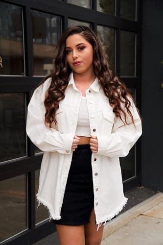 Vetinee Women's Oversized Boyfriend Brilliant White Front Button Up Frayed Raw Hem Long Sleeve Pockets Denim Jean Jacket Shacket 3X-Large Size 24 Size 26 - Image 4