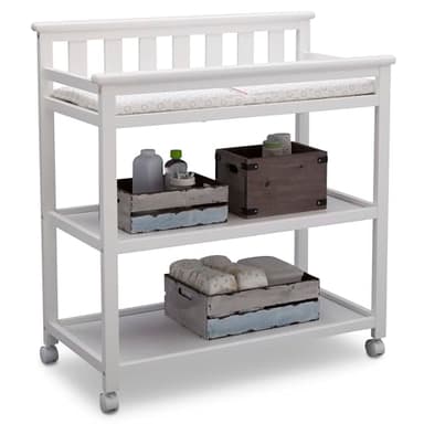 Delta Children Flat Top Changing Table with Wheels and Changing Pad - Greenguard Gold Certified, Bianca White - Image 3