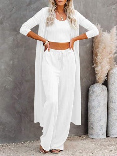 Fessceruna Womens 3 Piece Lounge Sets Pajamas Knit Long Sleeve Cardigan Crop Top Wide Leg Pants Loungewear Set A-white - Image 2