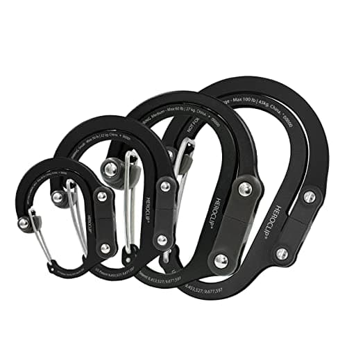GEAR AID HEROCLIP Carabiner Gear Clip and Hook (Large, Medium, Small, Mini) for Camping, Backpack, Suitcases, Purse and Garage Organization, Stealth Black, Variety Size 4 Pack - Image 1