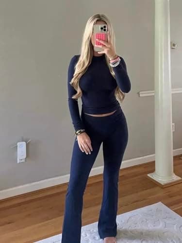 AYWA Women's 2 Piece Outfits Foldover Flare Pants Long Sleeve Crew Neck T-shirt Fitted Pajama Sets (Navy, Medium) - Image 3
