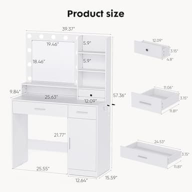 Sweetcrispy Vanity Desk with Adjustable Lighten Mirror & Power Outlet, Makeup Desk for Bedroom with a Storage Cabinet and 3 Drawers, 4 Storage Shelves, White Dresser for Girls - Image 3