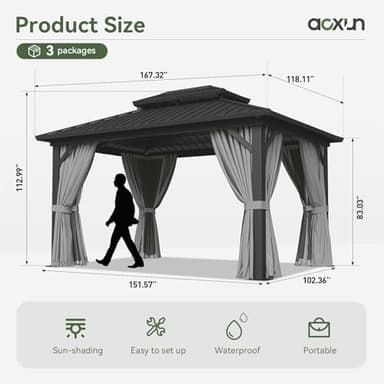 Aoxun 10'x14' Hardtop Gazebo, Aluminum Frame Canopy with Double Galvanized Steel Roof, Outdoor Metal Pavilion with Netting, Curtains for Backyard, Patio and Deck - Image 4