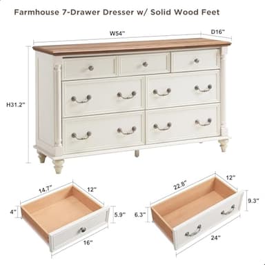 T4TREAM Farmhouse 7 Drawers Dresser Chests for Bedroom with 4 Solid Wood Feet, Tall Wide Wood Country Rustic Chest of Drawers, Storage Dressers for Bedroom, Living Room, Antique White - Image 2