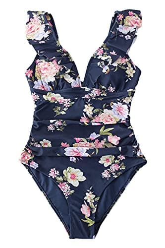 CUPSHE Women's One Piece Swimsuit Ruffle V Neck Lace Up Bathing Suit, XL Navy Floral - Image 4