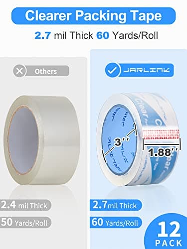 JARLINK Clearer Packing Tape 12 Rolls, Heavy Duty Packaging Tape for Shipping Packaging Moving Sealing, 2.7mil Thick, 1.88 inches Wide, 60 Yards Per Roll, 720 Total Yards - Image 3