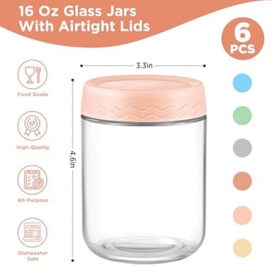 DRKIO 16 Oz Overnight Oats Containers with Lids - 6 Pack Glass Storage Jars with Airtight Lids Wide Mouth Mason Food Jars Great for Meal Prep Salad Chia Pudding Snacks Yogurt Sugar Spice Cereal - Image 3