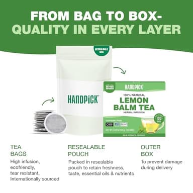 HANDPICK Lemon Balm Tea Bags – 100 Count | 100% Pure & Naturally Dried | Caffeine-Free Herbal Tea with Citrus Flavor & Aroma | Premium Lemon Balm Leaf for Calming and Digestion Support - Image 8