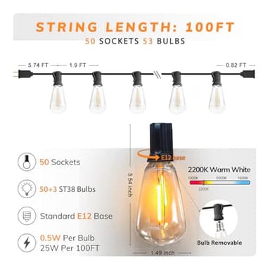 Achin 100FT Outdoor String Lights LED Dimmable Patio Lights String Waterproof with 50+3 Shatterproof Bulbs ST38 Vintage String Lights for Outside Gazebo Bistro Lights, 2200K Warm White - Image 2