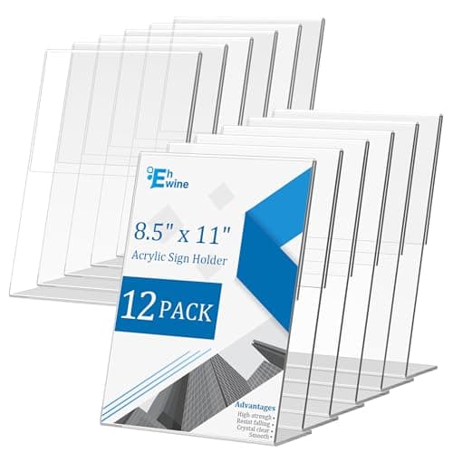 EHWINE 12 Pack Acrylic Sign Holder 8.5 x 11, L Shape Clear Plastic Display Stand, Slanted Back Picture Frame Menu Flyer Paper Display Stand up Table Top Sign Holders for Restaurant, Office and School - Image 1