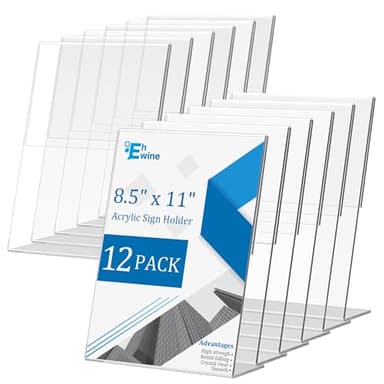 EHWINE 12 Pack Acrylic Sign Holder 8.5 x 11, L Shape Clear Plastic Display Stand, Slanted Back Picture Frame Menu Flyer Paper Display Stand up Table Top Sign Holders for Restaurant, Office and School - Image 1