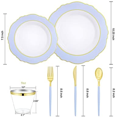 WDF 150pieces Baby Blue Plastic Plates with Gold Rim - Disposable Gold Plastic Silverware With Blue Handle-Baroque Light Blue&Gold Disposable Plates Dinnerware for Wedding/Party - Image 2