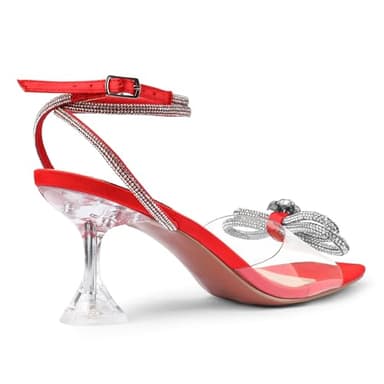 Zzheels Double Bowknots Clear Heels Square Toe Lace up Sandals Red Heels for Women for Wedding Red US7 - Image 2