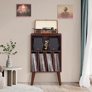 Lerliuo Record Player Stand, Walnut Turntable Stand Holds up to 160 Albums, Mid-Century Vinyl Storage Cabinet Table with Solid Wood Legs, Record Player Holder Dispaly Shelf for Bedroom Living Room - Image 4