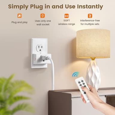 SURAIELEC Remote Control Outlet, Wireless Light Switch - 5 Outlets + 2 Remotes, 15 AMP, 100FT Range, No Interference, Remote Light Switch Kit for Lamp, Fan, Christmas Tree Light, Household Appliance - Image 2