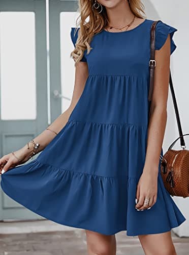 KIRUNDO Casual Summer Dresses Women's Sleeveless Ruffle Sleeve Round Neck Solid Loose Short Flowy Pleated Mini Babydoll Dress (Dark Blue, Large) - Image 5