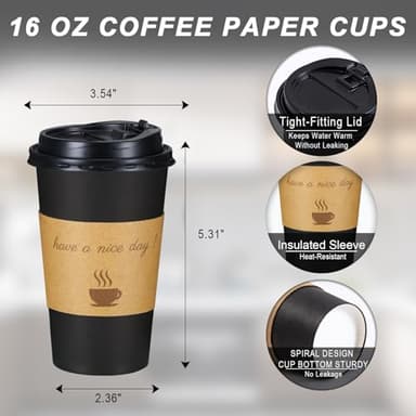 Lamosi 16 oz Coffee Cups 50 Pack, Disposable Coffee To Go Cups with Lids, Stir Sticks and Sleeves, 16 oz Black Hot Paper Cup for Home, Travel, Office - Image 3