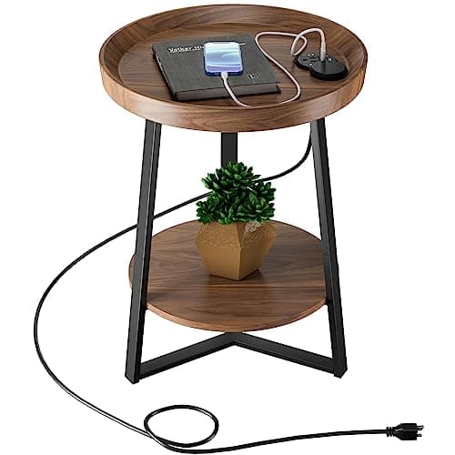 Gadroad Round End Table with Charging Station, USB Ports, Wood Tabletop & Black Metal Frame, 2-Tier Side Table for Living Room, Bedroom, Brown 15.7 * 15.7 * 23.0inches - Image 1