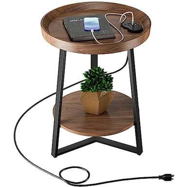 Gadroad Round End Table with Charging Station, USB Ports, Wood Tabletop & Black Metal Frame, 2-Tier Side Table for Living Room, Bedroom, Brown 15.7 * 15.7 * 23.0inches - Image 1