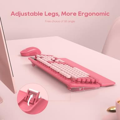 Wireless Keyboard and Mouse Combo - Round Keycaps, Full-Size Retro Typewriter Keyboard with Detachable Wrist Rest, Sleep Mode & Tilt Legs, 2.4GHz Cordless Connection for Mac/Windows/PC (Hot Pink) - Image 3
