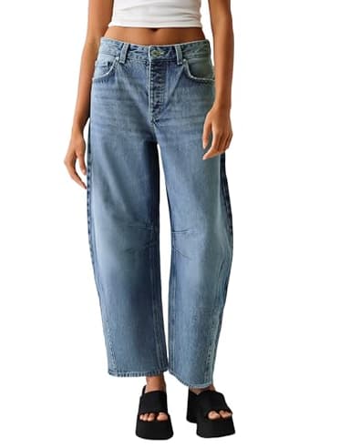 Allimy Womens Jeans High Waisted Mid Rise Baggy Loose Fit Ankle Barrel Leg Y2K Boyfriend Horseshoe Cropped Wide Leg Jeans for Women Trendy 2025 Denim Capri Pants Women Blue Size 4 - Image 2