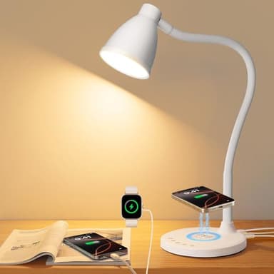 BOHON Desk Lamp for Home Office, LED Desk Light with USB C+A Charging Ports, Wireless Charger, 5 Colors Stepless Dimming Reading Light Timer, Touch Bedside Table Lamp for College Dorm Room White - Image 1