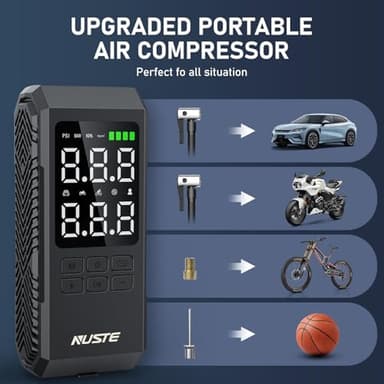 NUSTE Tire Inflator Portable Air Compressor, Air Pump for Car Tires with Digital Pressure Gauge, 150PSI Rechargeable Battery, LED Light, Cordless Bike Tire Pump for Car, Motorcycle, Bicycle - Image 3