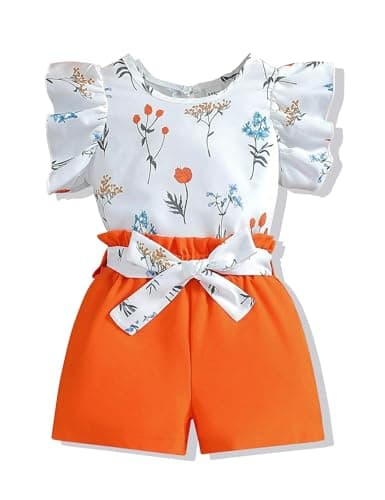 Vitalique Toddler Kids Girls Summer Outfits Ruffle Short Sleeve Floral T-Shirt Shorts with Belt 3 4T Girl Clothing Set Orange (3-4T) - Image 1