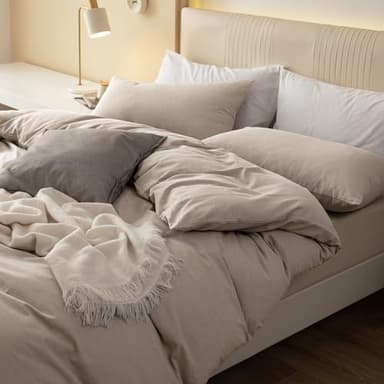 JIYUAN 100% Washed Cotton Duvet Cover Set 3 Pieces Queen, 1 Duvet Cover 90x90 Inches(Comforter Not Included) and 2 Pillowcases,Linen Feel Bedding Set Comfy and Breathable, Heathered Tannish Linen Grey - Image 6