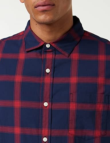 Amazon Essentials Men's Long-Sleeve Regular-Fit Stretch Poplin Shirt, Navy Red Buffalo Plaid, Large - Image 3