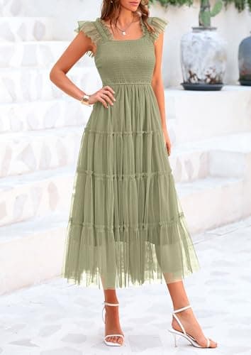 PRETTYGARDEN Women's Summer Midi Tulle Dress Sleeveless Smocked Square Neck Ruffle Flowy Party Wedding Guest Sundress (Light Green,Small) - Image 5