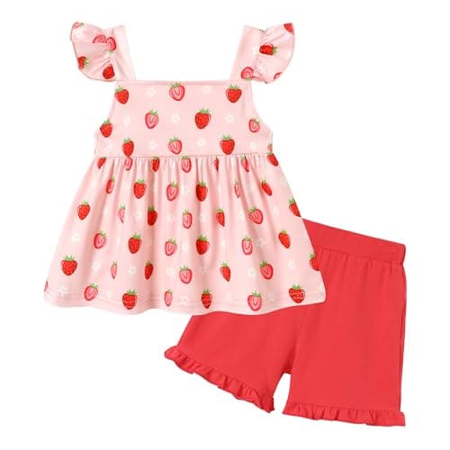 YUEMION Toddler Gir Clothes, 2Pcs Baby Gir Summer Outfits Ruffle Sleeveless Shirts Flora Tops + Shorts Clothing Set(Strawberry + Red, 4-5T) - Image 1
