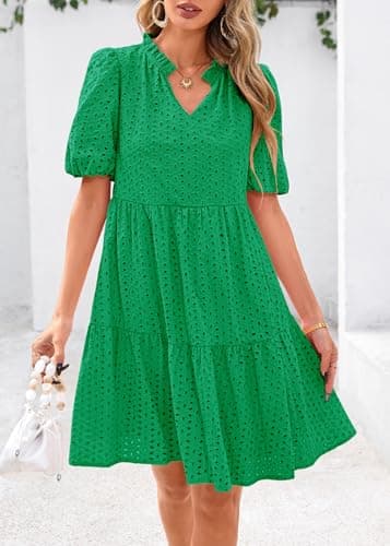 KIRUNDO Eyelet Summer Dresses for Women 2025 Mini Casual Hollow Out Short Sleeve Lace Tiered V Neck Shift Dress Pockets(Green, Medium) - Image 7