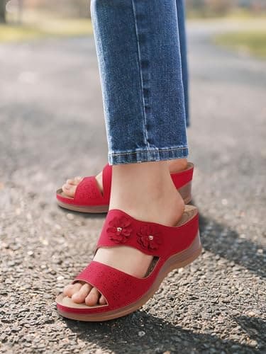 TEMOFON Women Wedge Sandals Dressy: Casual Sandal Woman Red Size 8 - Comfortable Arch Support Platform - Summer Orthopedic Sandals Shoes - Image 2