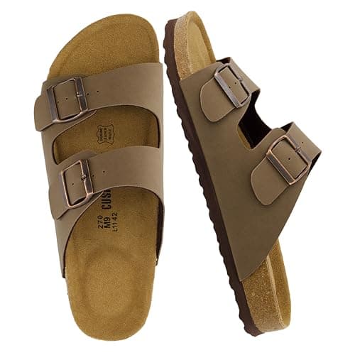 CUSHIONAIRE Lane Cork Footbed Mens Sandals, Adjustable Buckle Comfort Slides for Men, Genuine Leather Insole Summer Sandals Men Footwear, BROWN 11 - Image 1