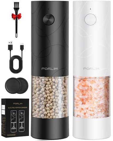 FORLIM Electric Salt and Pepper Grinder Set, USB Rechargeable, Automatic Salt Pepper Mill Grinder with Dust Cover, One-Button Control, Adjustable Coarseness, White LED Light (2 Packs, Black&White) - Image 1