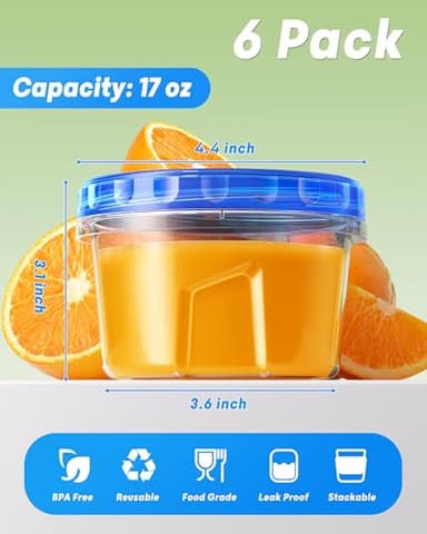 BiuLeon 6 Pack-17oz Freezer Storage Containers, Plastic Food Storage Containers with Twist Top Lids, BPA Free and Reusable Soup Containers with Lid, Microwave and Dishwasher Safe - Image 2