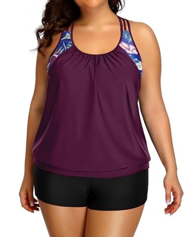 Holipick Purple Floral Plus Size Tankini Swimsuit for Women Two Piece Tummy Control Bathing Suit Blouson Racerback Tankini Top with Shorts 20W - Image 3
