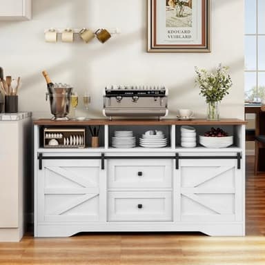 YITAHOME Buffet Cabinet with Drawers, 59" Large Sideboard Buffet Storage Cabinet with Shelves and Doors, Modern Farmhouse Coffee Bar Station Wood Kitchen Table for Kitchen, Dining Room, White - Image 7