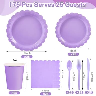 Xiangqu 175 Pcs Lavender Paper Plates and Napkins, Light Purple Party Supplies Include Scalloped Lavender Plates Napkin Cup Plastic Cutlery for Garden Party, Baby Shower, Wedding, Birthday - Image 2