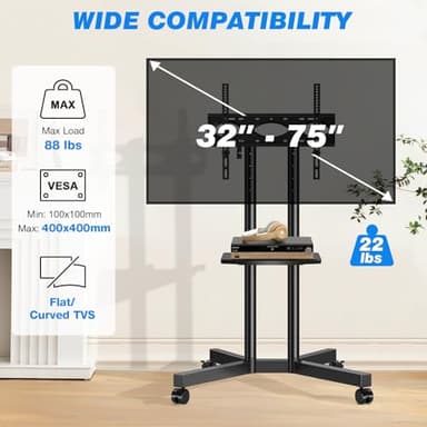 Rfiver Mobile TV Cart Rolling TV Stand with Power Outlet for 32-75 Inch Screens, Portable TV Stand on Wheels with Height Adjustment, Outdoor TV Mount Stand with Shelf Holds up to 88lbs for Home Office - Image 2