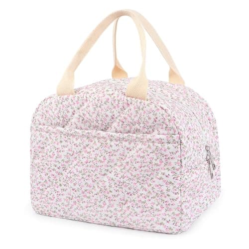 Cotton Quilted Insulated Lunch Bag, Cute Quilted Floral Lunch Tote Bags Reusable Insulated Lunch Box Coquette Aesthetic Large Capacity Insulated Cooler for Women Work Travel Picnic (Pink) - Image 1