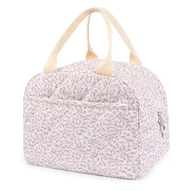 Cotton Quilted Insulated Lunch Bag, Cute Quilted Floral Lunch Tote Bags Reusable Insulated Lunch Box Coquette Aesthetic Large Capacity Insulated Cooler for Women Work Travel Picnic (Pink) - Image 1