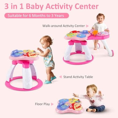 INFANS 3 in 1 Walk Around Baby Activity Center, Baby Walker with Play Table, Wheels, Detachable Seat Cushion, 3 Adjustable Heights, Learning Toys for Boys Girls Aged 6-36 Months (Pink) - Image 3