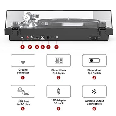 Record Player Turntable for Vinyl Record Wireless Output Aluminium Platter Belt-Drive LP Turn Table 2 Speed Phono RCA Line Out AT-3600L MM Cartridge Audio Sound USB Digital to PC Vinyl Recording Black - Image 3