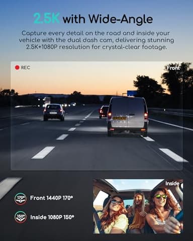COOAU Dual Dash Cam 2.5K+1080P, Dash Cam Front and Inside, Built-in GPS and WI-FI, Dash Camera for Cars, Perfect for Uber and Taxi Drivers, Night Vision, Accident Record, 24Hr Parking Mode - Image 3