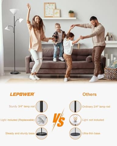 LEPOWER Floor Lamp, Standing Lamp with Replaceable 3000K Energy-Saving, Lamp for Living Room with Adjustable Reading Lights, Modern Bright Floor Lamp for Bedroom, Living Room, Office - Image 2